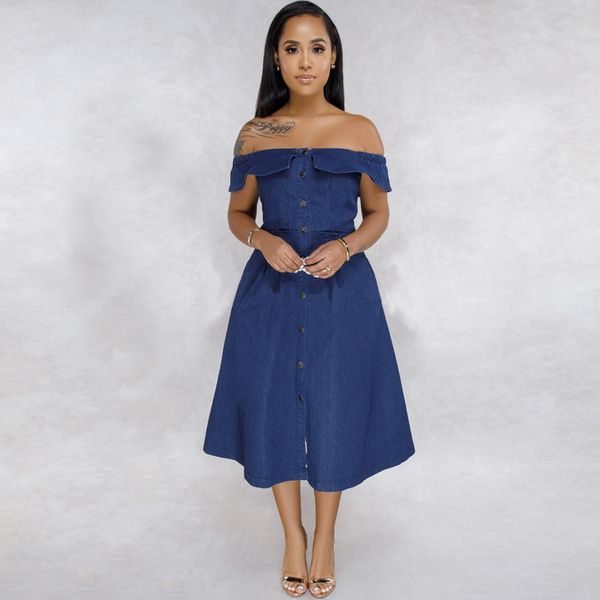 

costumes summer women elegant denim dress off the shoulder slim slash neck casual office jeans dress 2019 party vintage a-line dre, Black