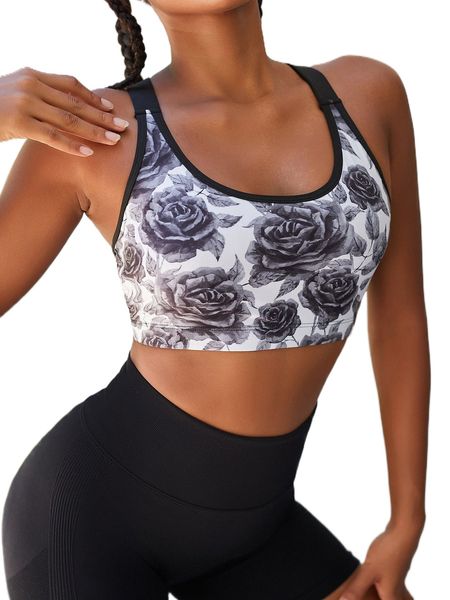 

floral print contrast binding criss cross sports bra n98f#, Gray
