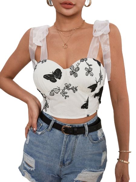 

butterfly embroidery knot mesh strap bustier wide strap s2nk#, White