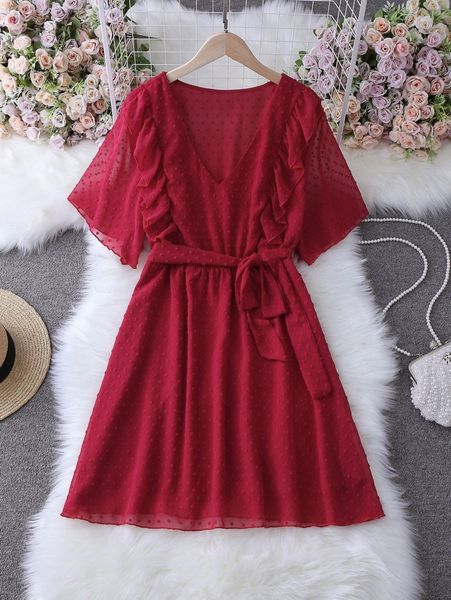 

plus chiffon swiss dot ruffle trim belted a-line dress d3ll#, Black