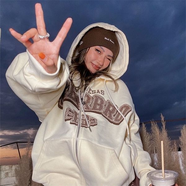 

vintage oversized hoodie letter printing zip up sweatshirts streetwear casual long sleeve hooded sweatshirt clothes 220804, Black