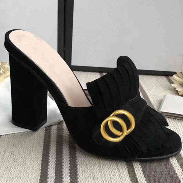 

slippers classic designer women half slippers cowhide 100% leather suede thick heels metal slides woman shoe beach lazy sandals high heeled, Black