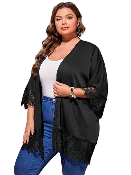 

plus lace hem kimono a6mv#, Black;gray