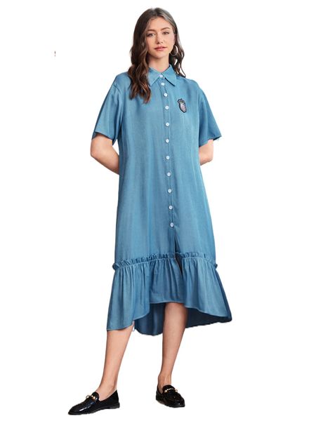 

logo patched detail drop shoulder ruffle hem smock dress w86x#, Black;gray