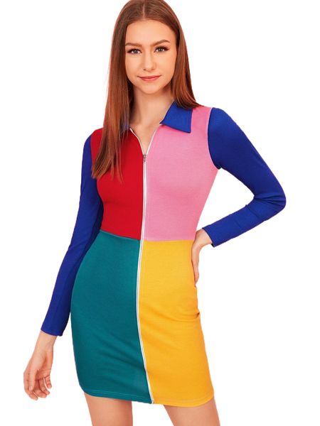 

colorblock collared zipper up dress q5of#, Black;gray