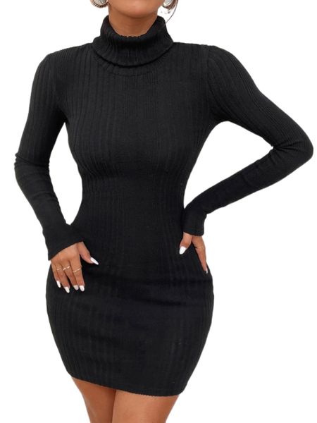 

ribbed knit turtleneck bodycon dress s3hd#, Black;gray