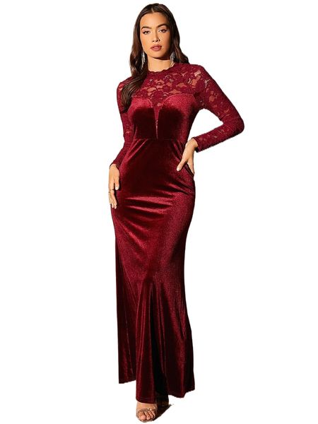 

lace insert velvet prom dress n0ca#, Black;gray