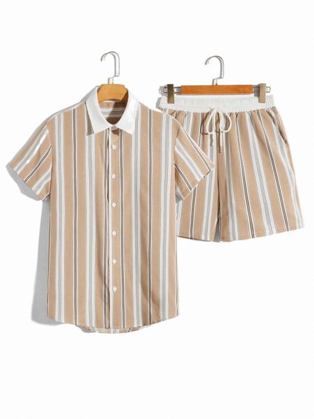 

romwe guys striped shirt & shorts d7fi#, Gray