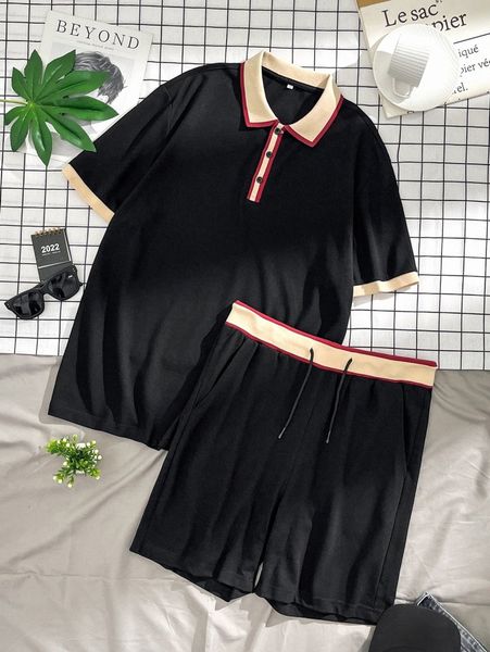 

men contrast trim polo shirt & drawstring waist shorts 018i#, Gray