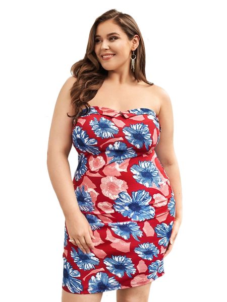 

plus allover floral print tube bodycon dress m38x#, Black