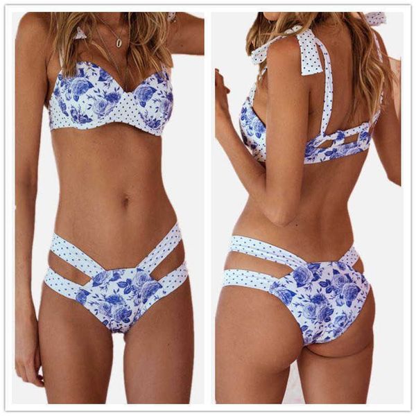 

2022 new bikini high waist hard bag blue and white porcelain printed swimsuit women's swimsuit, White;black