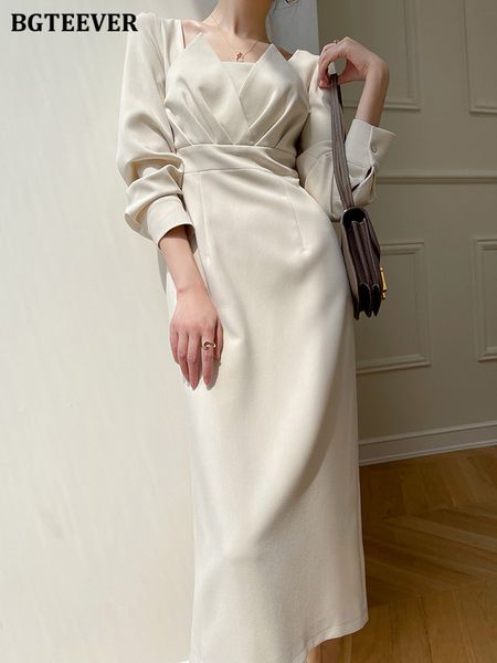 

bgteever vintage irregular collar women mid-length dress spring summer full sleeve slim female split dress elegant vestidos 2022, Black;gray