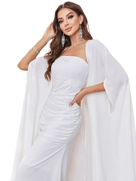 

cloak sleeve coat & ruched tube dress r10m#, White