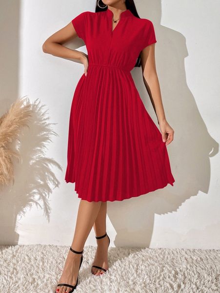 

pleated hem notched neckline a-line dress q6es#, Black;gray