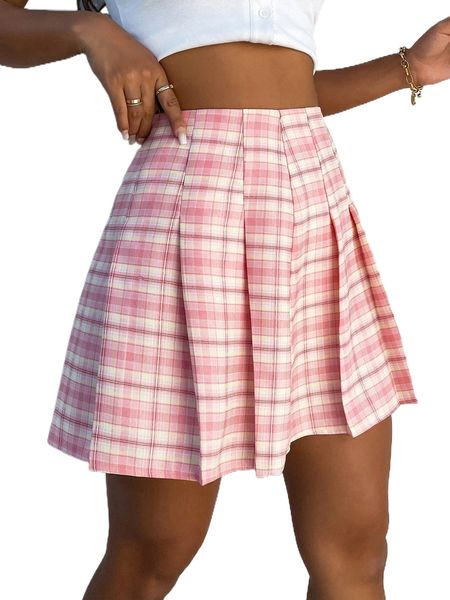 

high waist plaid pleated skirt x4mz#, Black