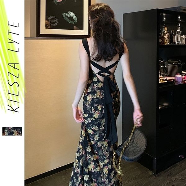 

french black floral dress female summer bandage back midi holiday beach dresses 220517, Black;gray