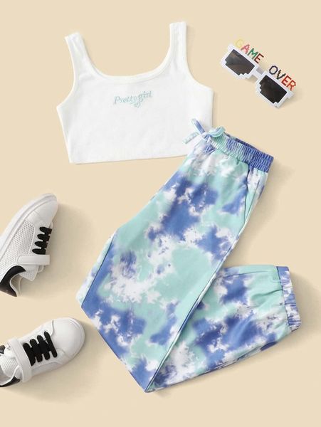 

girls letter embroidered tank and tie dye pants set she, White