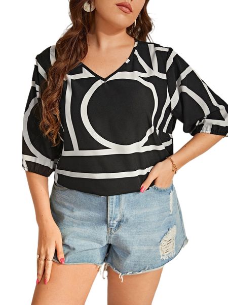 

plus geo print lantern sleeve blouse l4fv#, Black