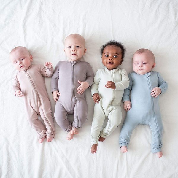 Baby-Bambus-Strampler mit langen Ärmeln und Zwei-Wege-Reißverschlüssen für Neugeborene, Jungen und Mädchen, Footies-Overall, einfarbig, Säuglingskleidung, 0–24 Monate
