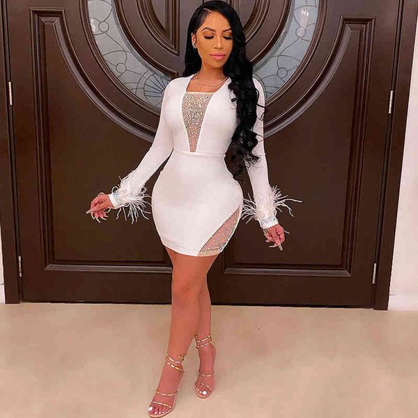 

celebrity rhinestone party night club bodycon dress women mesh patchwork long sleeve feather birthday elegant mini short dresses y220510, Black;gray