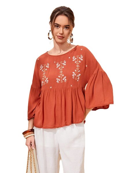 

plants embroidery ruffle hem blouse q1cb#, White