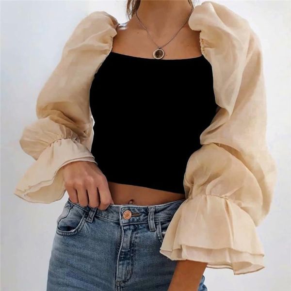 

women's blouses & shirts stylish sweet patchwork organza knitted women fashion see through sleeve stretch female party chic, White