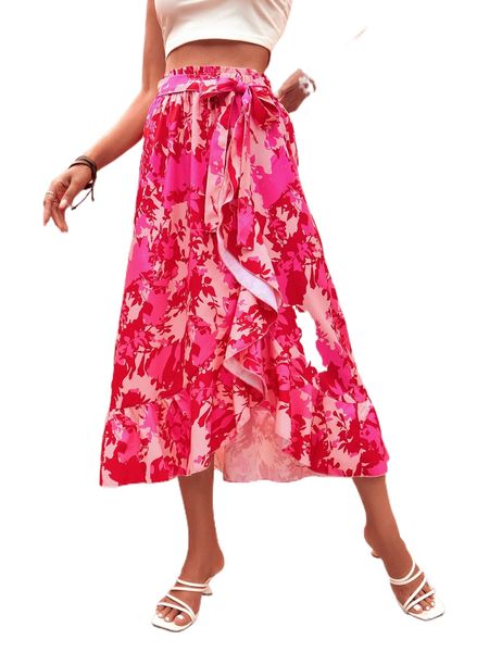 

floral print paperbag waist ruffle trim wrap belted skirt c65m#, Black