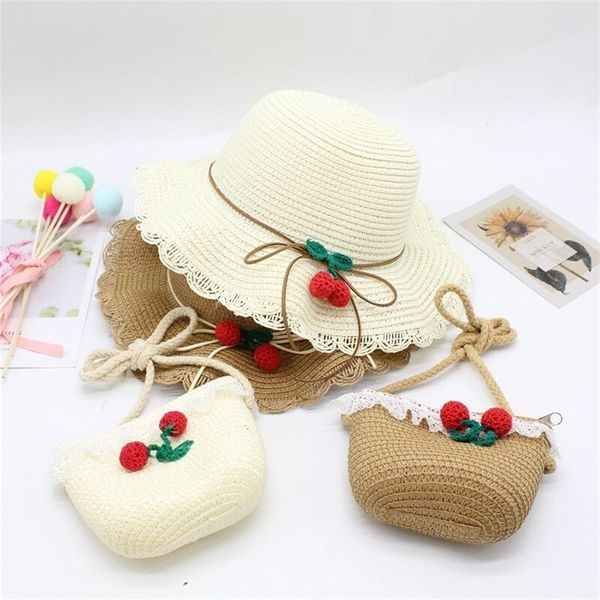 Summer Baby Flower respirável chapéu palha com bolsas de bolsa crianças meninas meninas viseira de sol UV Protection panamá gorras 220514