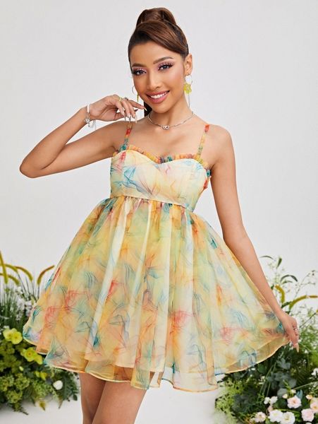 

tie dye print frill cami dress v5gw#, Black;gray