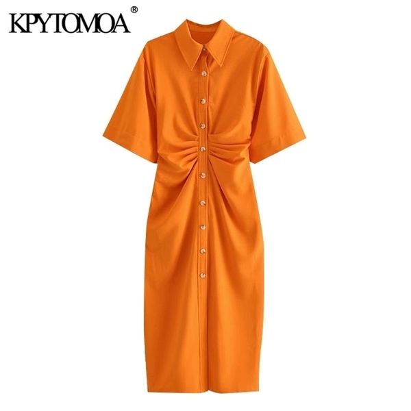 Mulheres KpyTomoa Mulheres chiques Button Up Draped Midi Shirt Dress Vintage Manga curta Zipper vestidos femininos vestidos 210322