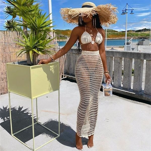 Town Like Hollow Out Bandage Sexy Two Piece Conjunto Spaghetti Top Top e Long Skirt Beach Summer 2 peças Conjunto de mulheres 220527