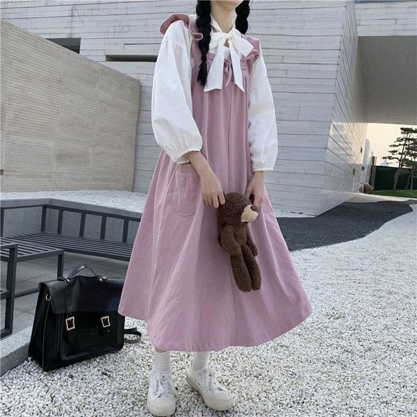 Lässige Kleider, Langarm-Shirt und Midi-Kleid, 2-teiliges Set für Damen, Vintage-Cottagecore-Kleidung, Fairycore-Mädchen-Preppy-Stil