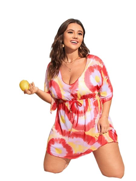 

plus tie dye tie front cover up i2sm#, Black