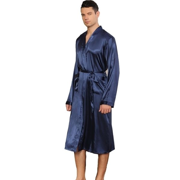 Robe de seda homens sólidos fino roupão vestido masculino outono primavera longo roupão de banho quimono luxo manga longa sleepwear Sleepwe xxl 201109