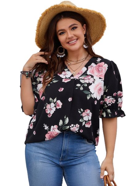 

plus floral print puff sleeve blouse u8ib#, Black