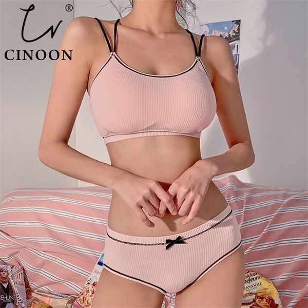 

cinoon japanese lingerie set cotton thin screw thread push up bra set beauty back women bra panties set comfort underwear lj200814, Red;black