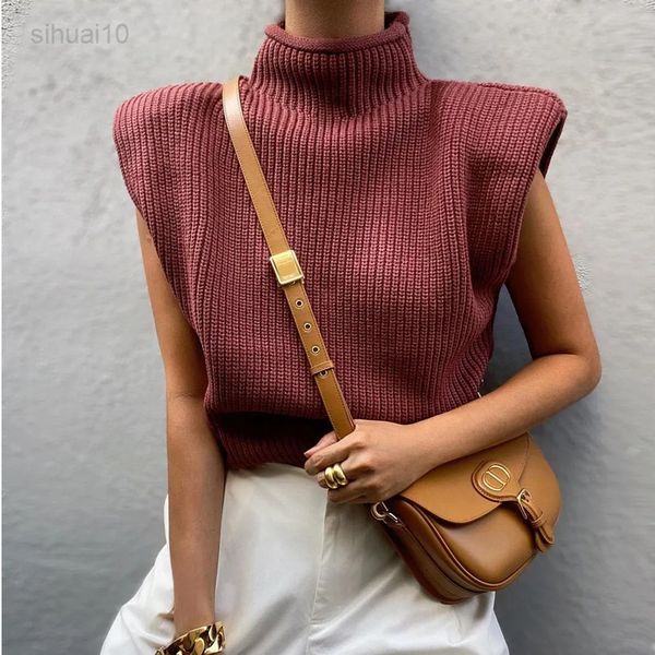 

women new fashion oversize knitted vest sweater vintage high collar sleeveless female vest chic l220725, Black;white
