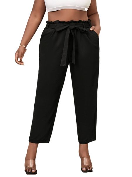 

sxy plus paper bag waist belted tapered pants a2or#, Black