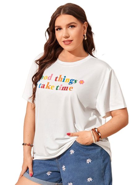 

plus floral & slogan graphic tee x9y7#, Black