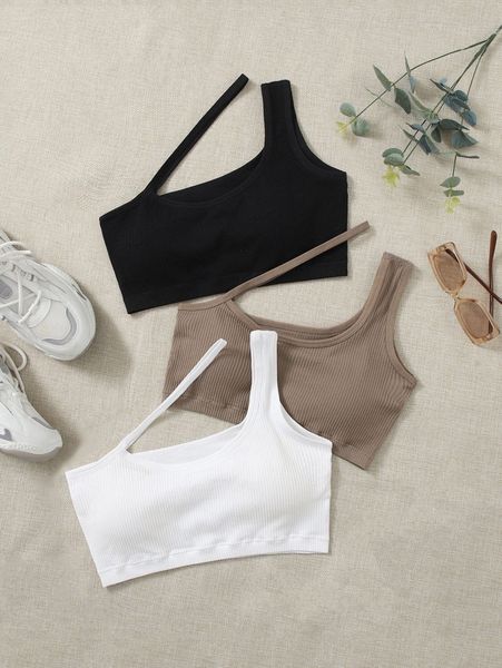 

3pcs medium support asymmetrical neck sports bra 24kj#, Gray