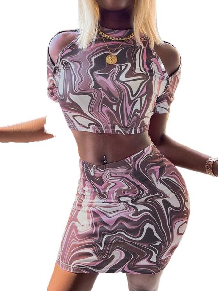 

random allover print cold shoulder crop tee & bodycon skirt e34r#, White