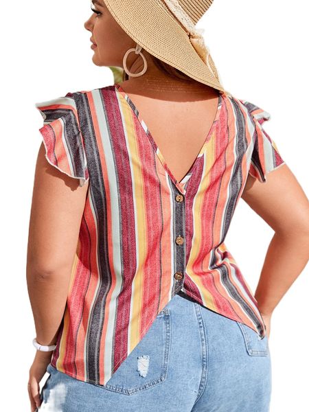 

plus colorful striped flutter sleeve button back blouse e1ag#, Black