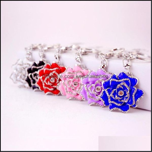 

peony flower pendant key chain enamel alloy rhinestone paved bag keychain holder beauty floral metal car keys ring charms jewelry gift keyri, Slivery;golden