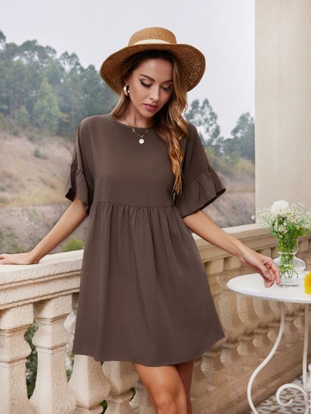 

solid ruffle trim keyhole back smock dress j0ww#, Black;gray