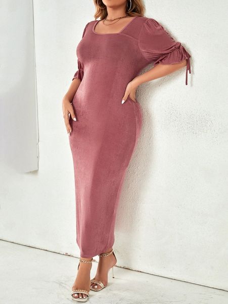 

plus drawstring flounce sleeve bodycon dress 73dd#, Black