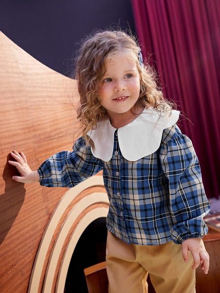 

toddler girls tartan statement collar bishop sleeve blouse she, White;black