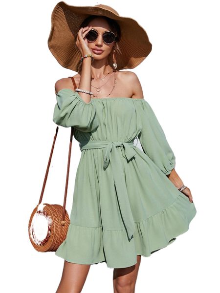 

off shoulder self belted ruffle hem dress a8im#, Black;gray