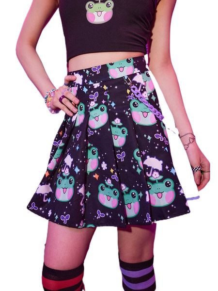 

romwe anime frog print chain pleated skirt x669#, Black