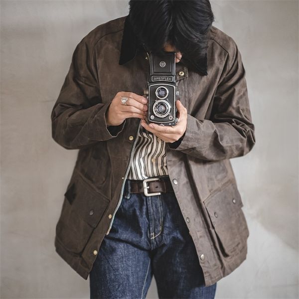 

mens vintage lined waxed canvas corduroy lapels waterproof and windproof jacket for autumn and winter waxed motorcycle jacket lj201013, Black;brown