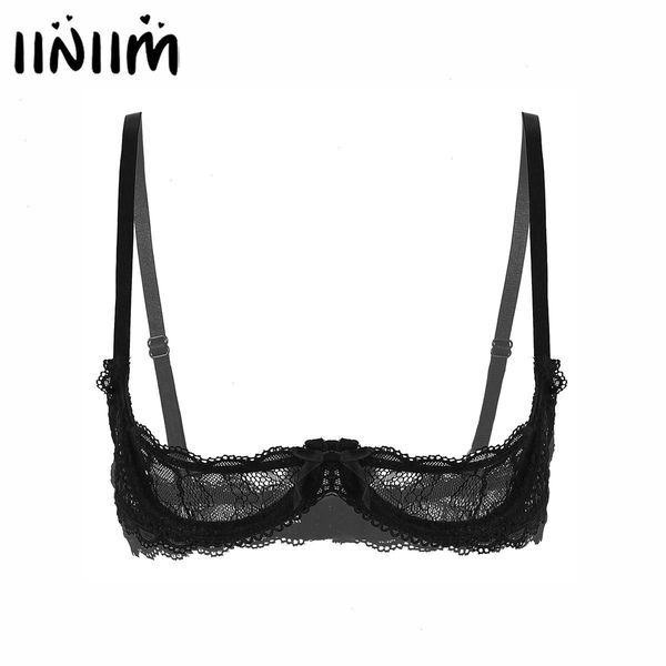 

womens femme see through ultra lace lingerie bras crop straps push up underwire bra breast trimmin vest, Red;black